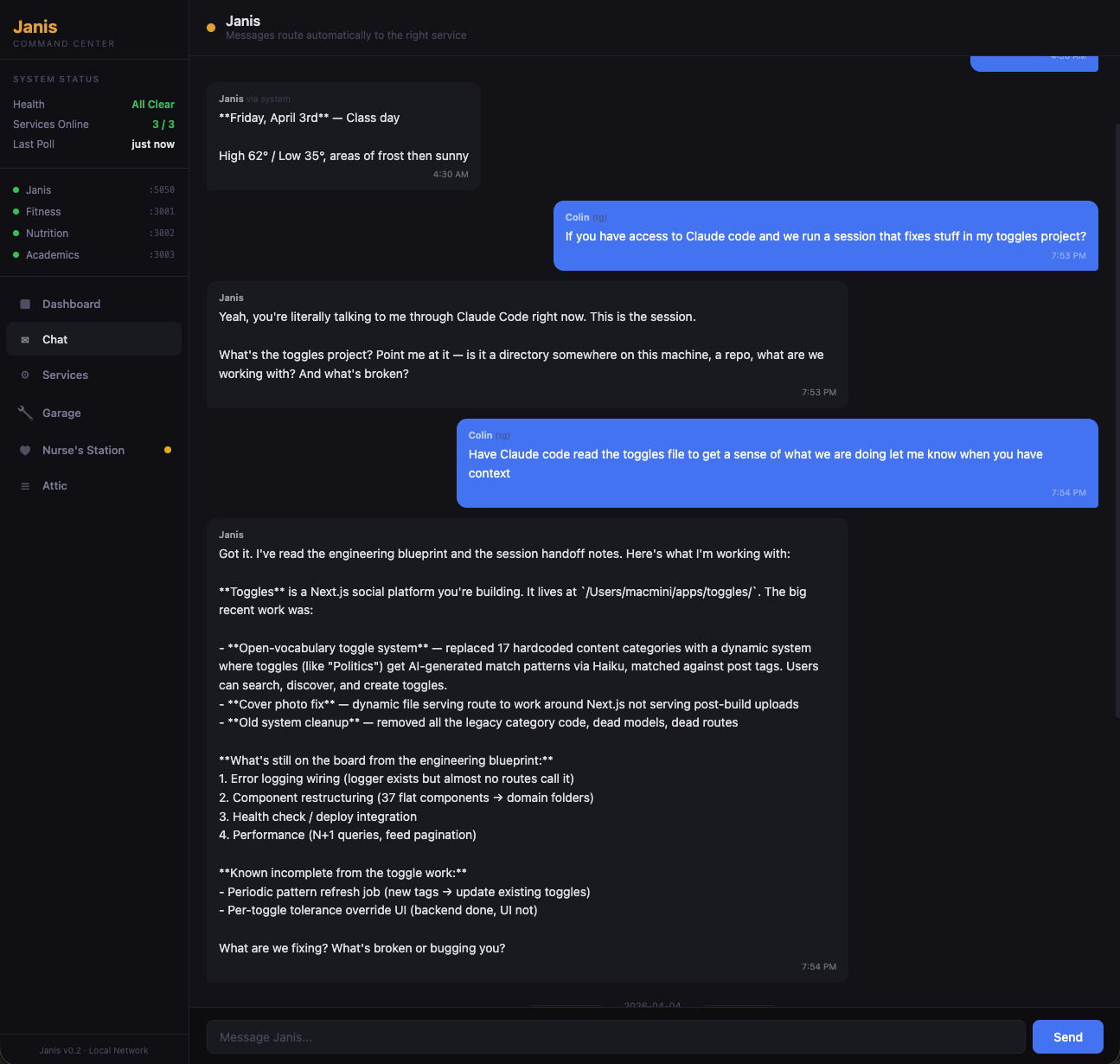 Chat view showing morning briefings with weather and daily context