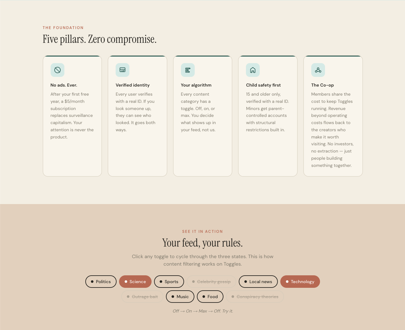 Five pillars cards and interactive toggle demo — Your feed, your rules
