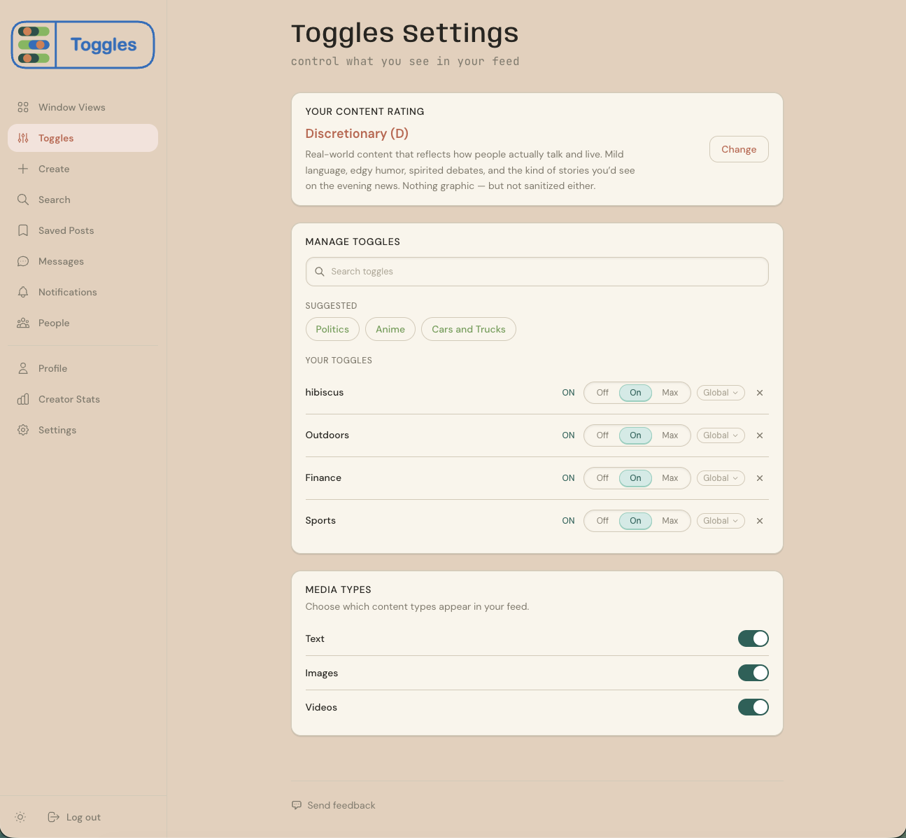 Toggles Settings page with content rating, manage toggles, and media type filters